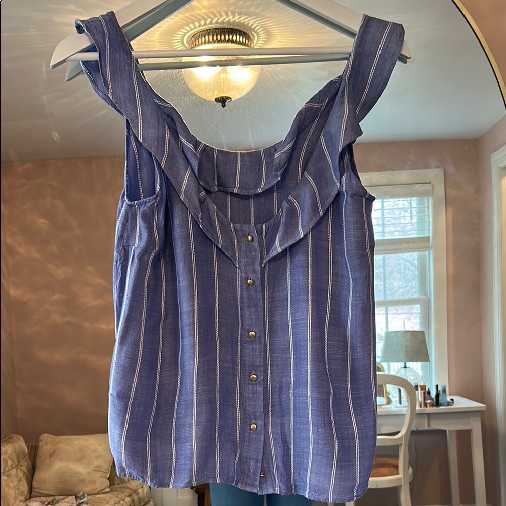 Sézane Linen Blue Striped Sleeveless Top with gold buttons